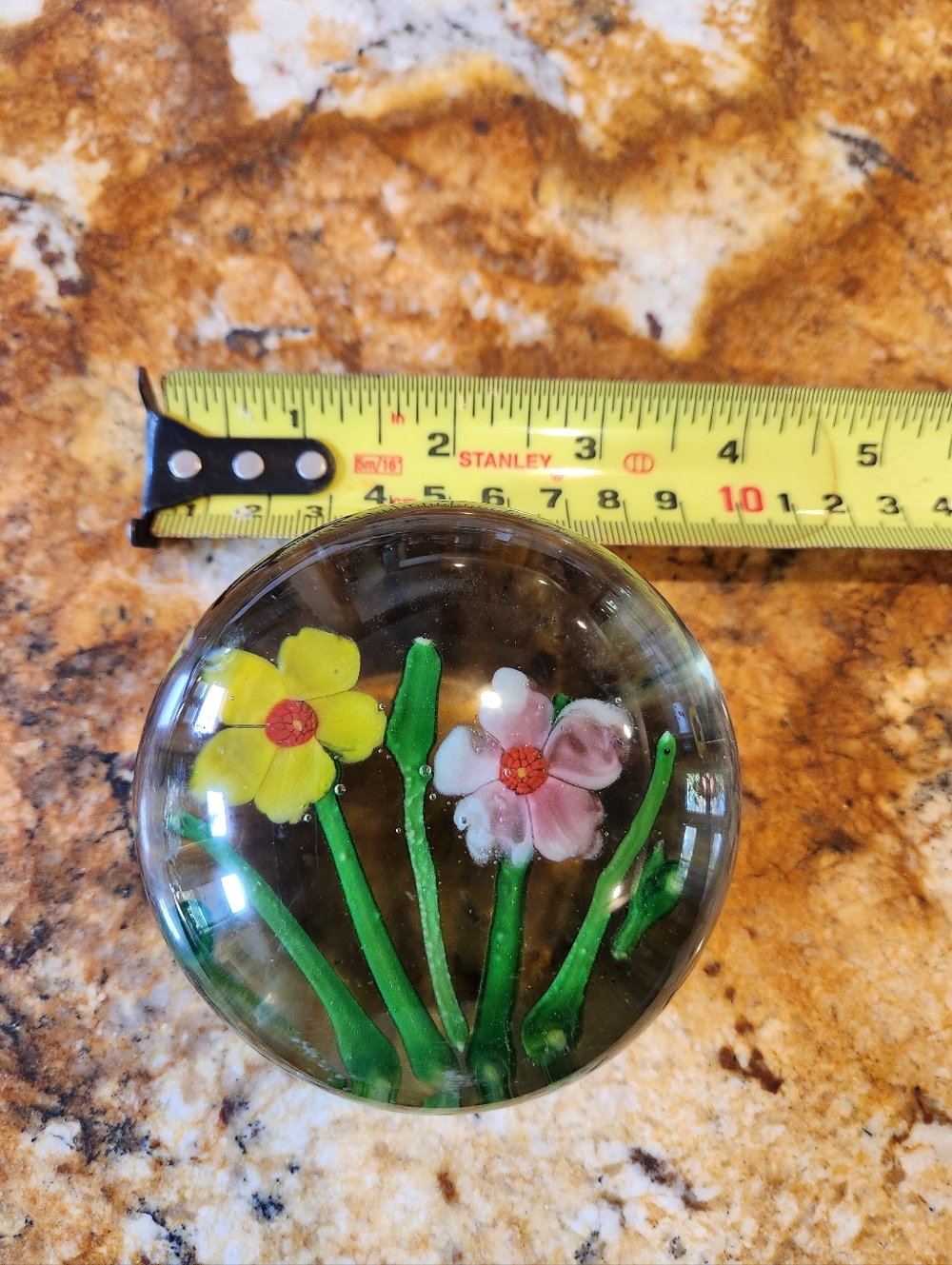 Vintage Handmade Blown Glass Flower Paperweight - Yellow & Pink Floral